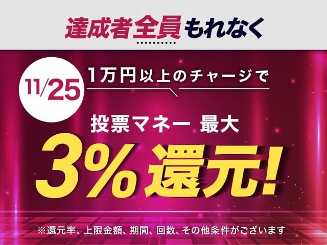 【11/25】チャージ還元キャンペーン(一度に10,000円以上のチャージで最大15,000円もらえる）