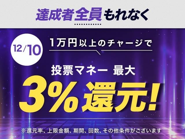 【12/10】チャージ還元キャンペーン(一度に10,000円以上のチャージで最大15,000円もらえる）	