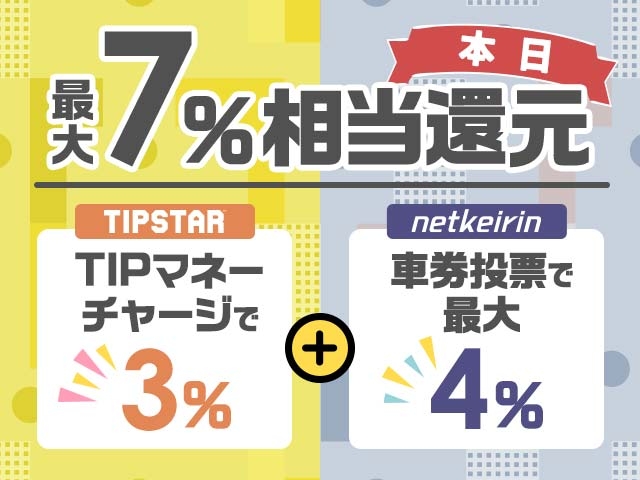 【本日12日は最大7％還元のダブルキャンペーン】TIPマネー3％＋ネットケイリン経由の車券投票でよりお得に！