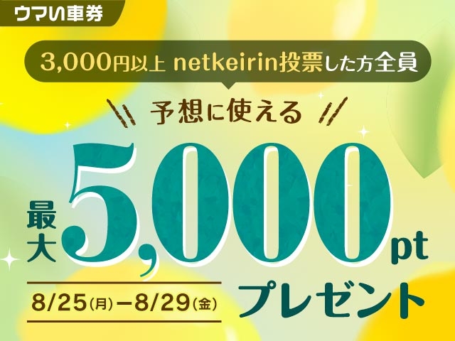 【8/25〜8/29】3,000円以上投票で必ずもらえる！ netkeirin投票でウマい車券ポイントプレゼントキャンペーン